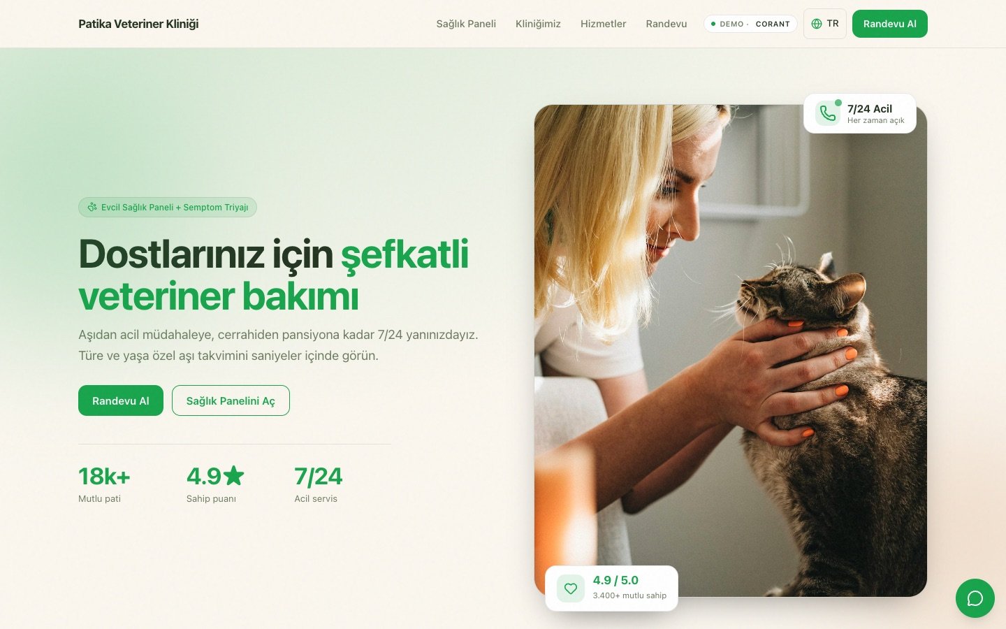 Patika Veteriner — canlı demonun ekran görüntüsü